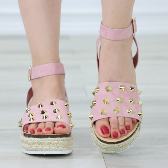 Pink Platform Espadrille Sandals Gold Studded Ankle Strap Open Toe - Picture 5 of 13